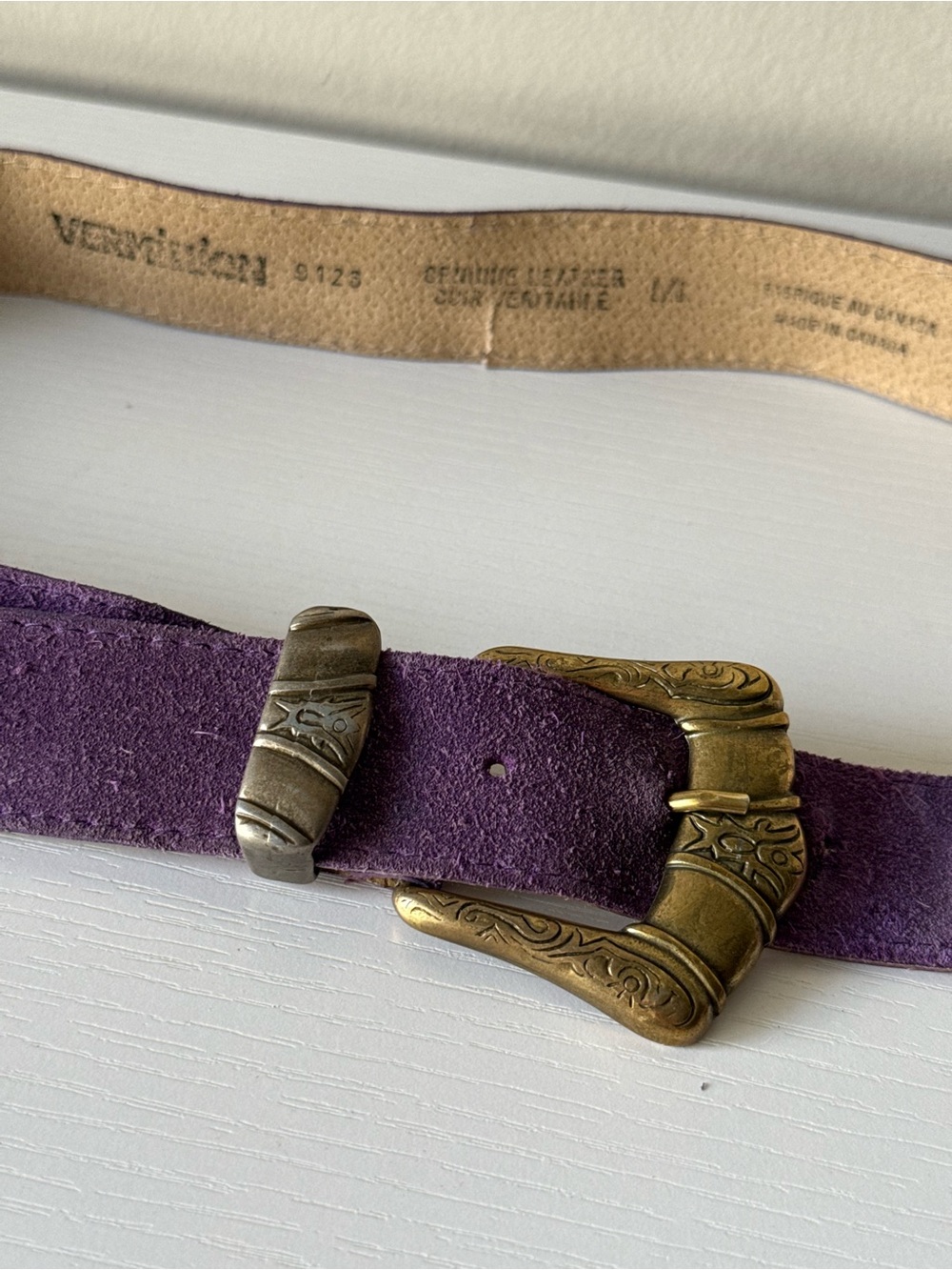 Vintage Purple Suede Leather Western Belt Brass Buckle - Picture 2 of 8